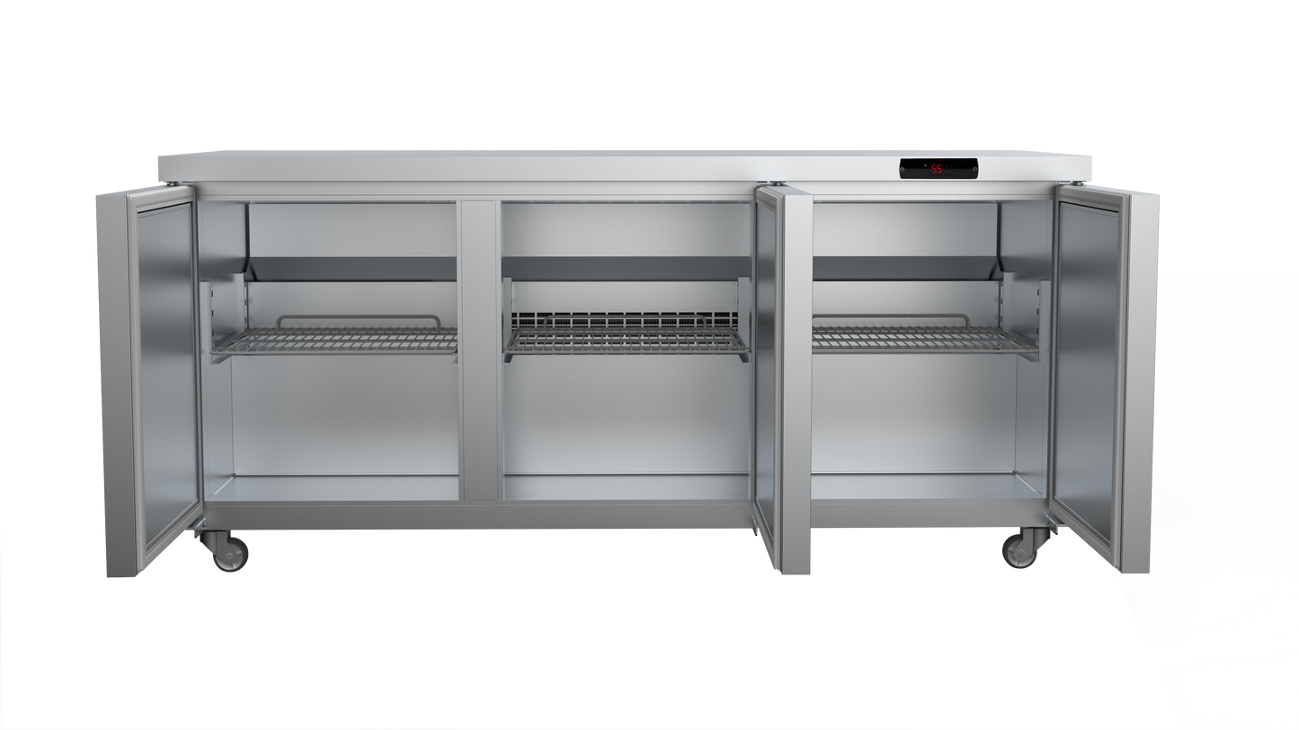 Snow Village Refrigerador comercial bajo mostrador de 72", 3 puertas, puertas sólidas, acero inoxidable (TUC-72R)