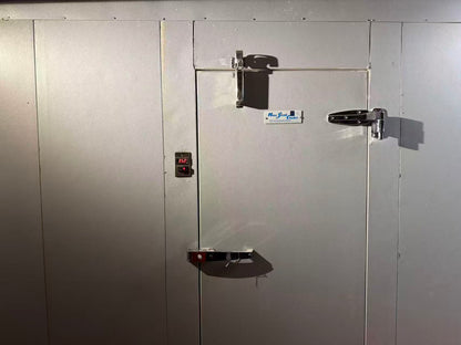 Walk-in cooler door with heavy-duty hinges, latch and digital temperature display
